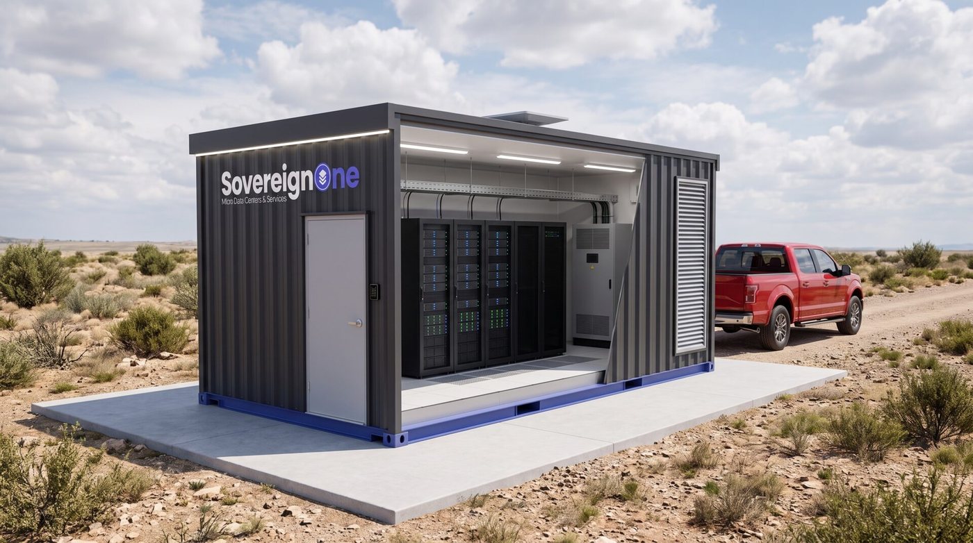 12 ft SovereignOne modular data center with the near wall removed, showing a short rack row, cooling unit and overhead cable tray