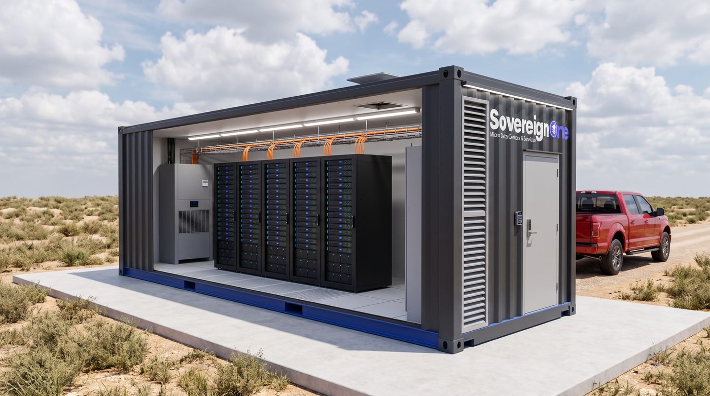20 ft SovereignOne modular data center with the near wall removed, showing a rack row, cooling unit and overhead cable tray