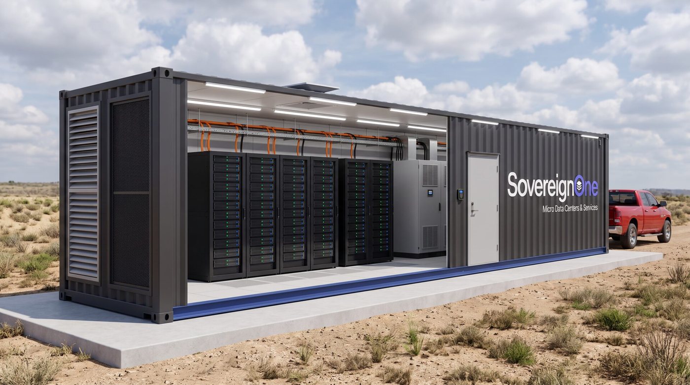 40 ft SovereignOne modular data center with the near wall removed, showing two rack groups, a cooling unit, overhead cable tray and personnel door