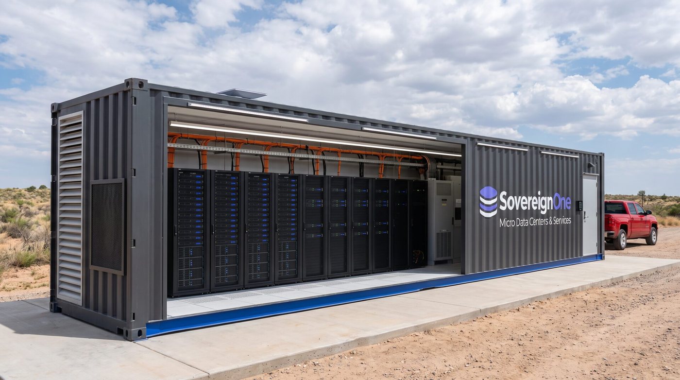 52 ft SovereignOne modular data center with the near wall removed, showing a full-length rack row, cooling unit, overhead cable tray and personnel door