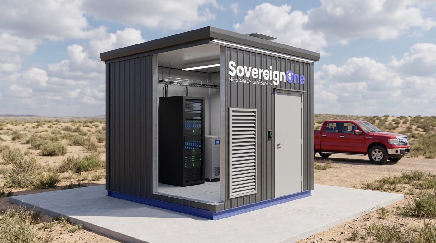 7 ft SovereignOne modular data center with the near wall removed, showing a single server rack and floor-standing cooling unit