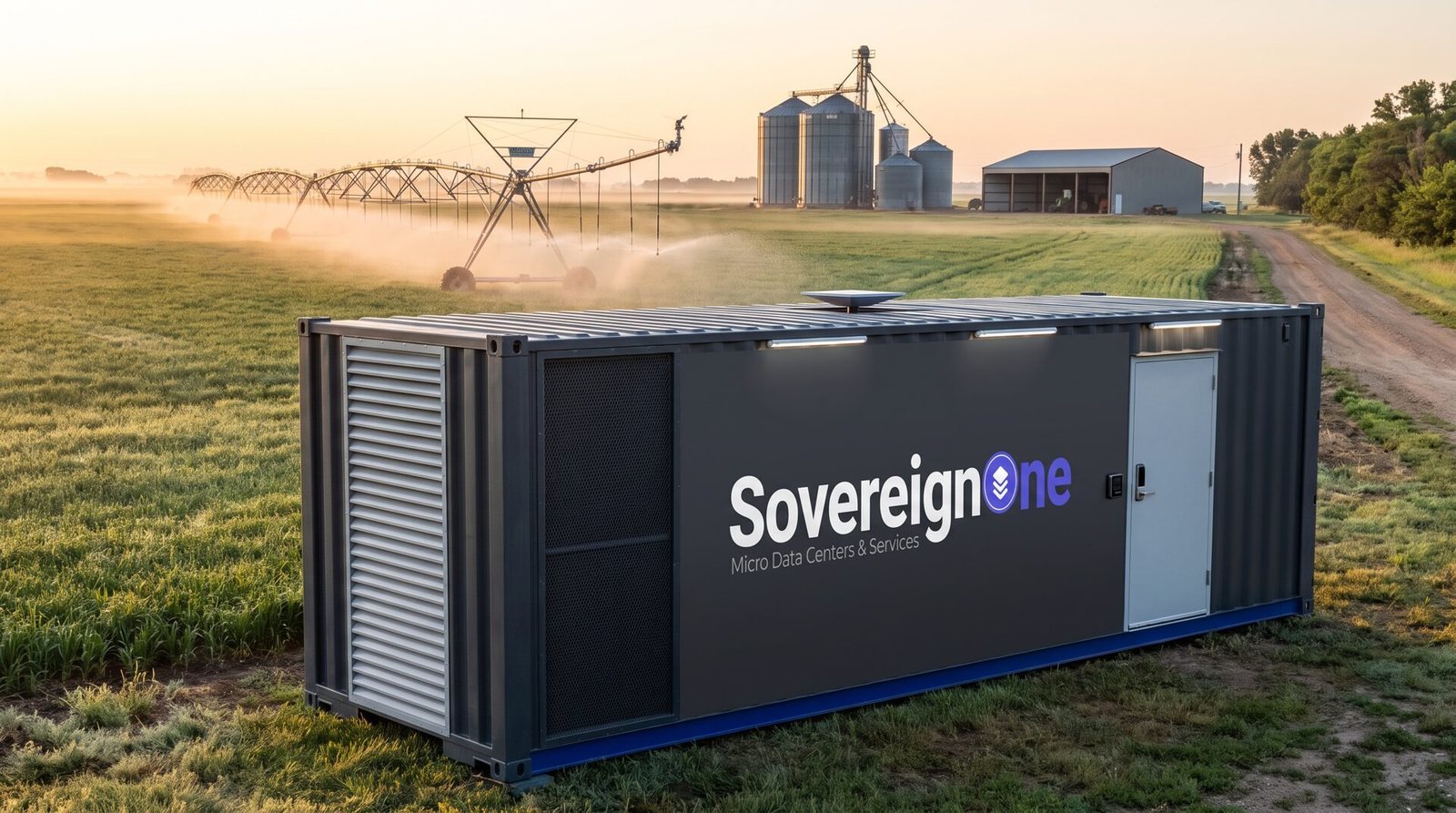 A SovereignOne modular data center beside an irrigated field at dawn with grain bins behind it
