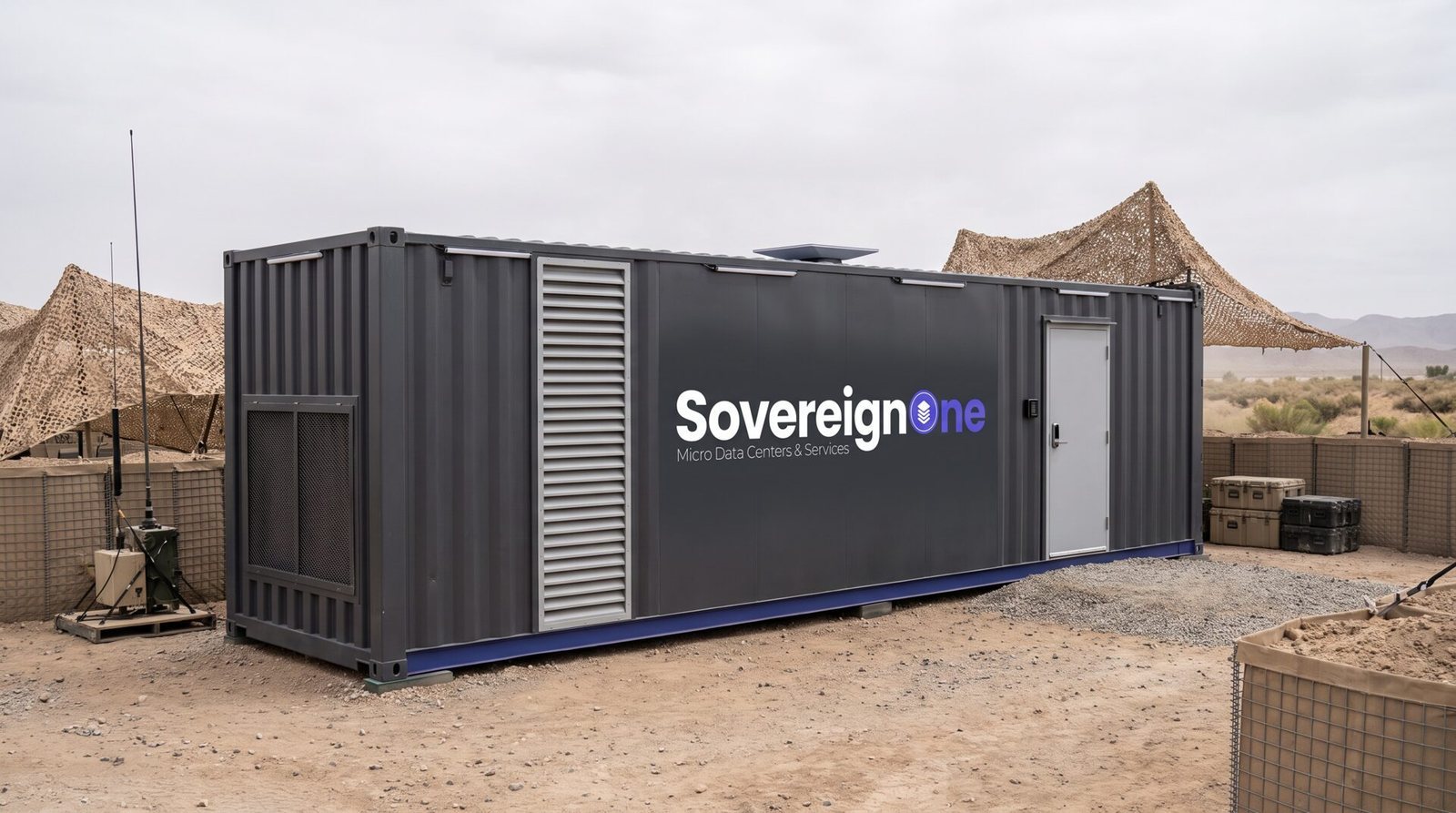 A SovereignOne modular data center at a forward operating site with antennas and protective barriers