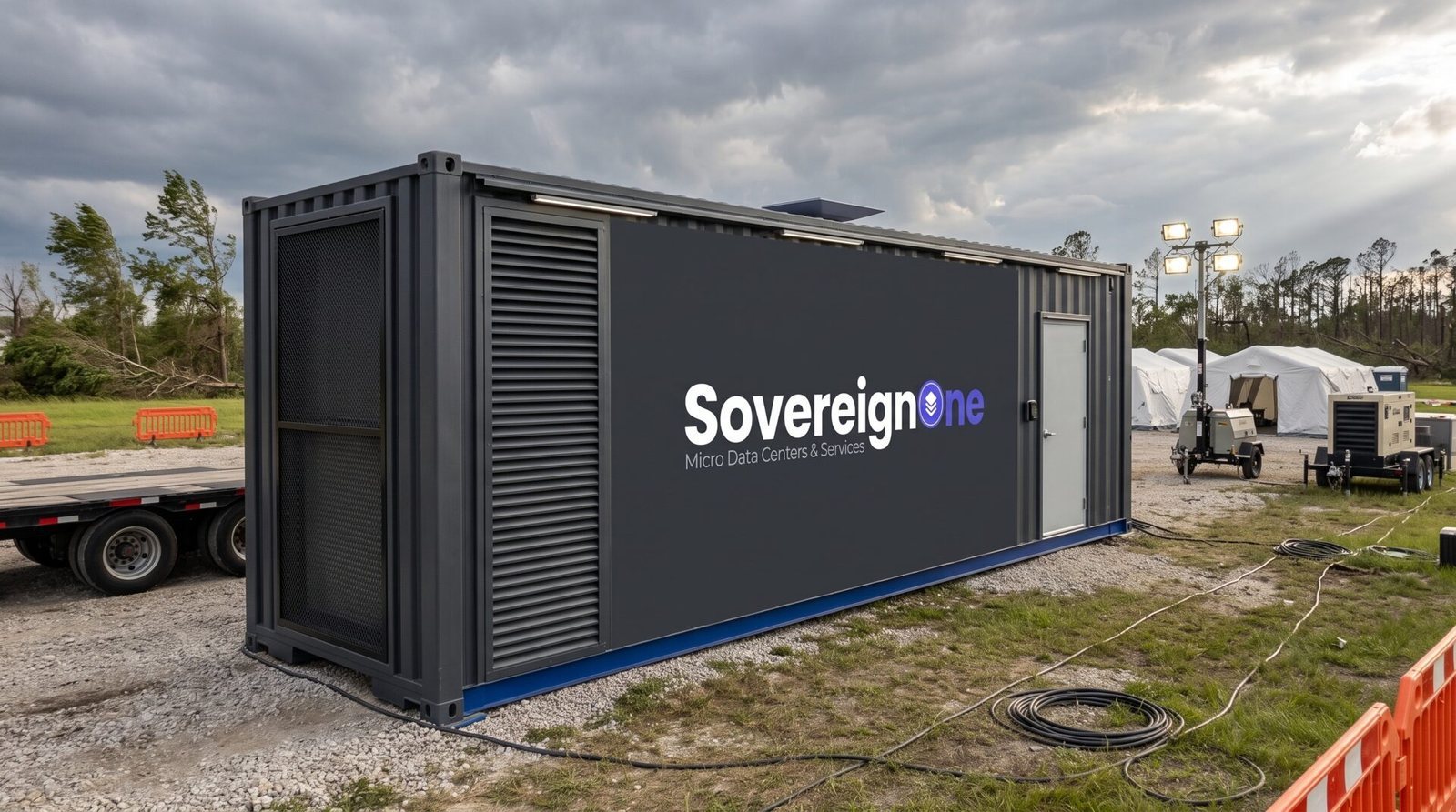 A SovereignOne modular data center at a storm-damage staging area with relief tents and light towers