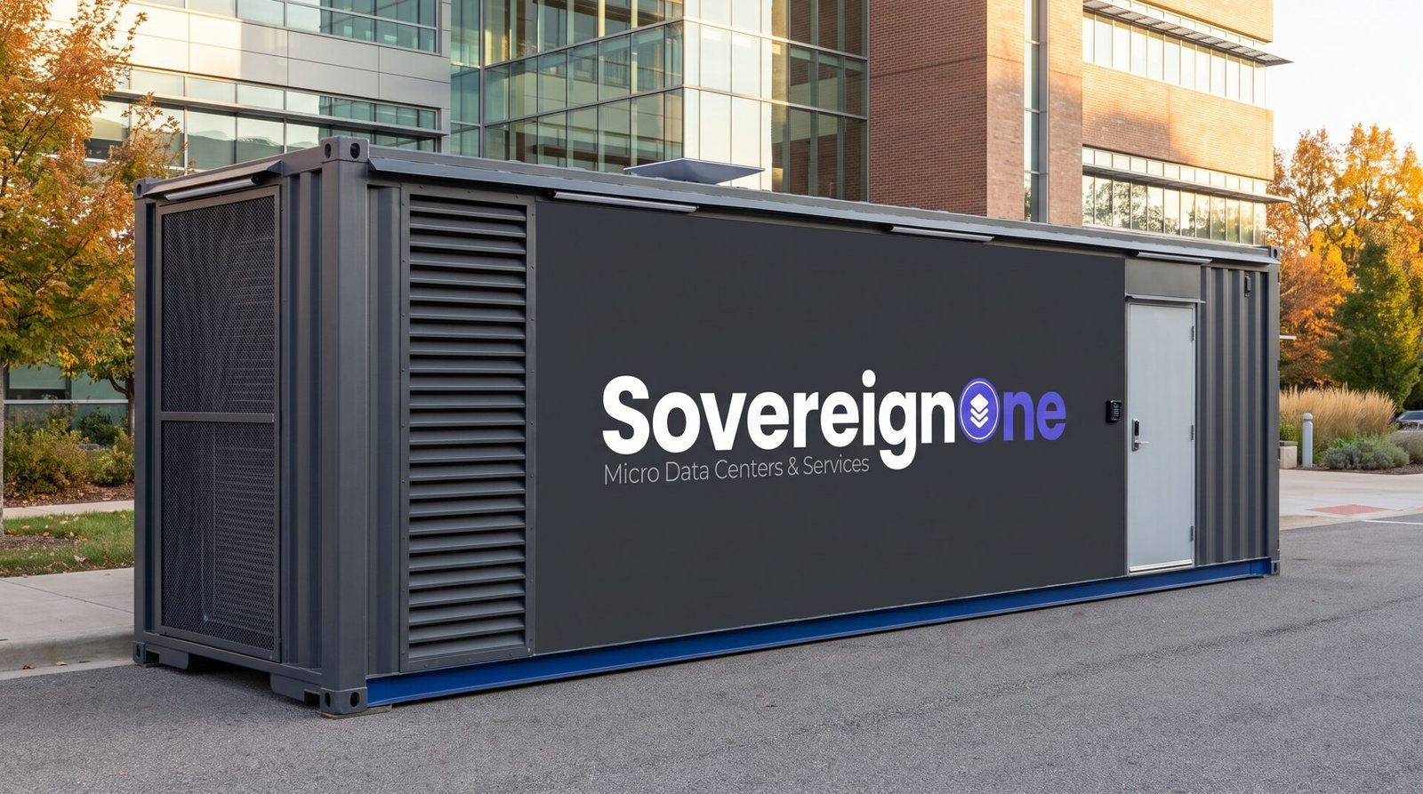 A SovereignOne modular data center on a university campus in autumn beside a research building