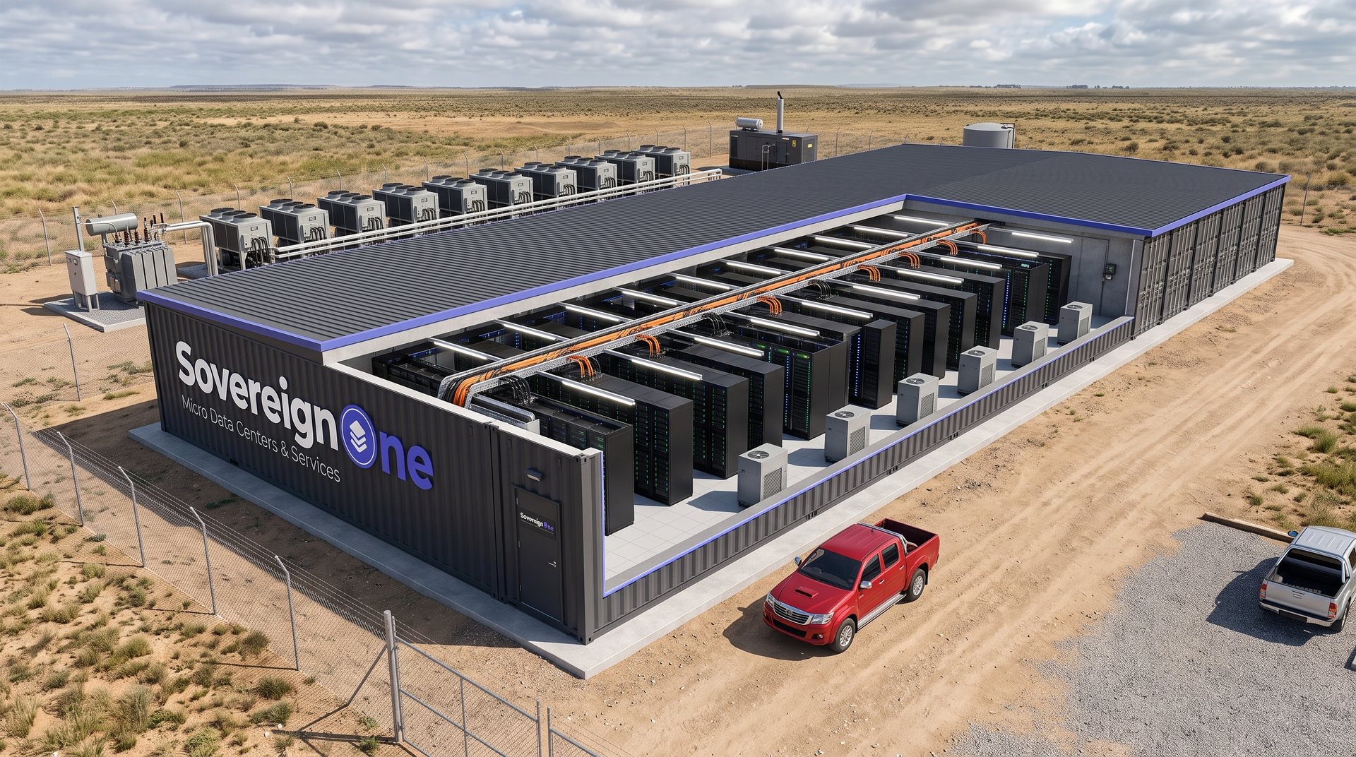 SovereignOne modular data center hall with the roof and near wall removed, showing rack rows under overhead containment and roofline cooling