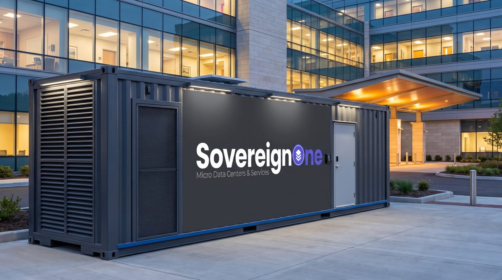 A SovereignOne modular data center on a hospital forecourt beside the main entrance canopy
