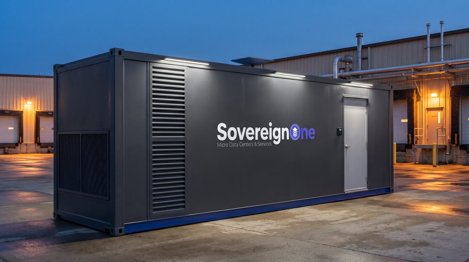 A SovereignOne modular data center beside a manufacturing plant loading dock at dusk