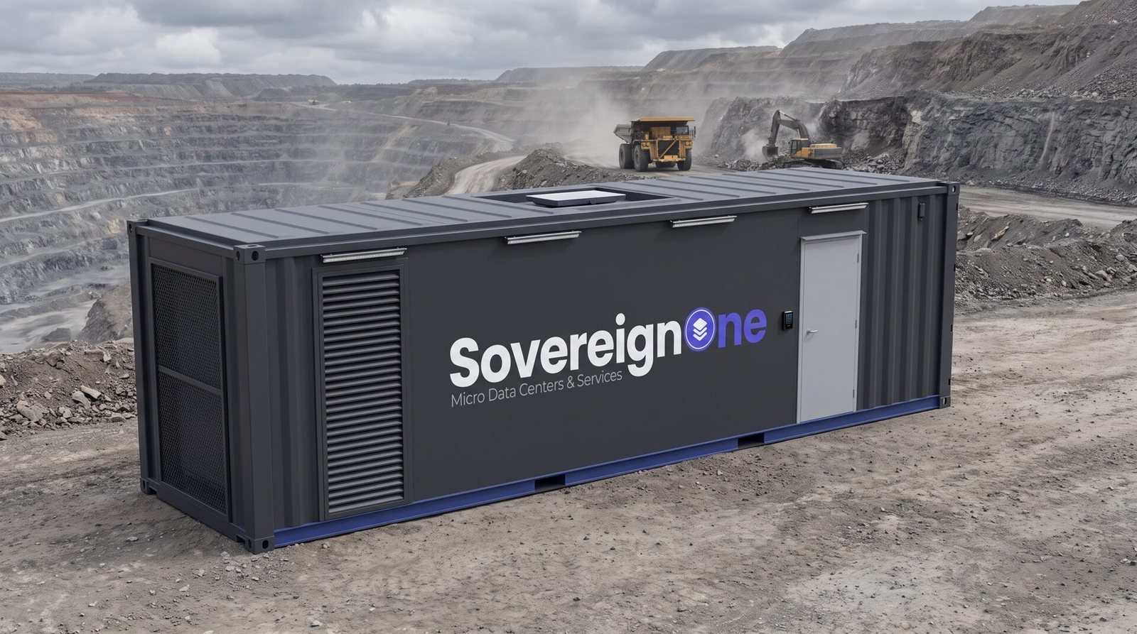 A SovereignOne modular data center on the rim of an open pit mine with a haul truck working below