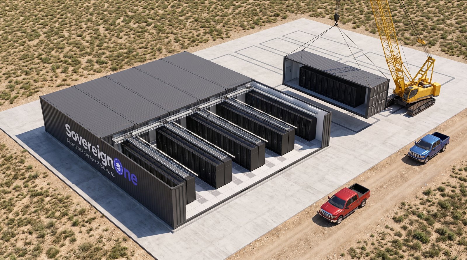 SovereignOne, a modular data center company, lowering a module into place with a crawler crane