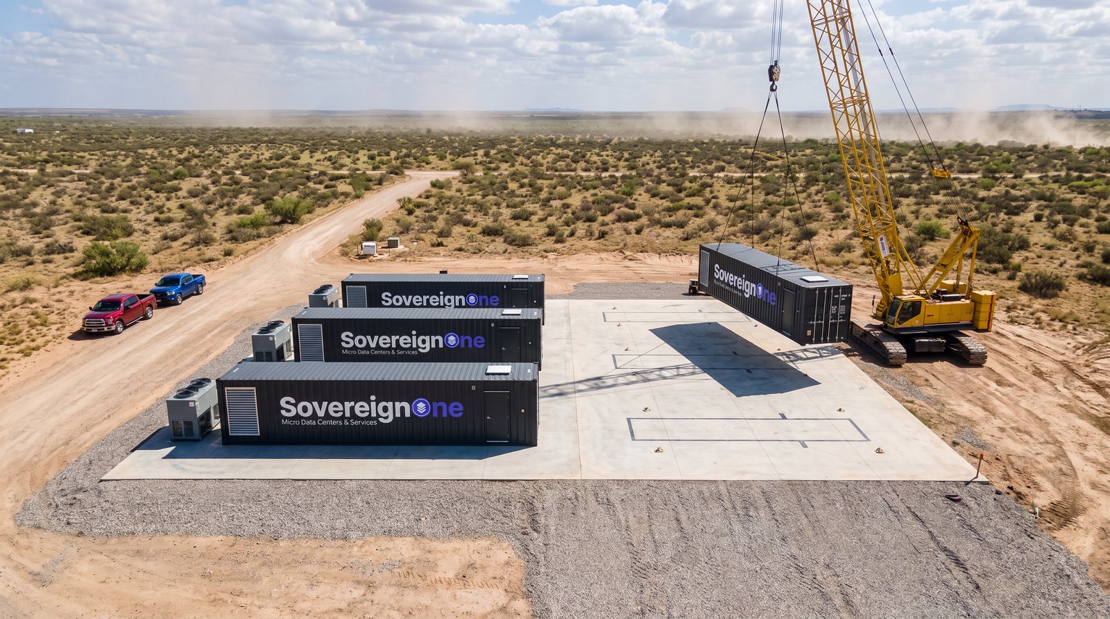 Three SovereignOne modular data center units standing on a poured concrete pad with the remaining module positions marked out