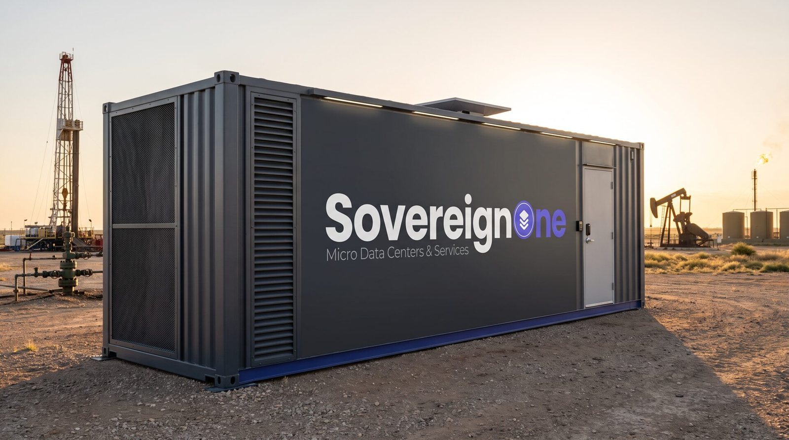 A SovereignOne modular data center on an oil and gas lease with a drilling rig and flare behind it