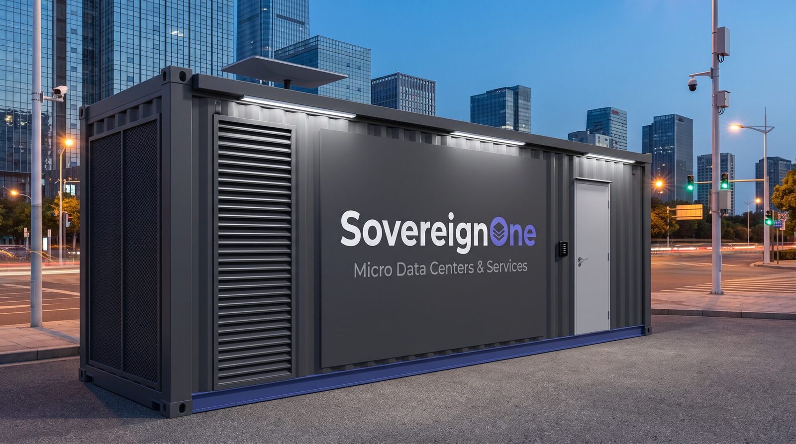 A SovereignOne modular data center on a city street corner at blue hour with traffic signals above it