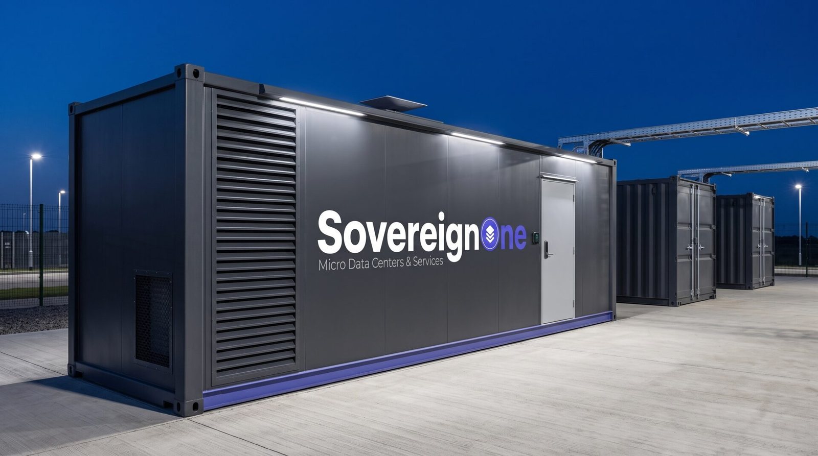 Several SovereignOne modular data centers in a secured compound at blue hour