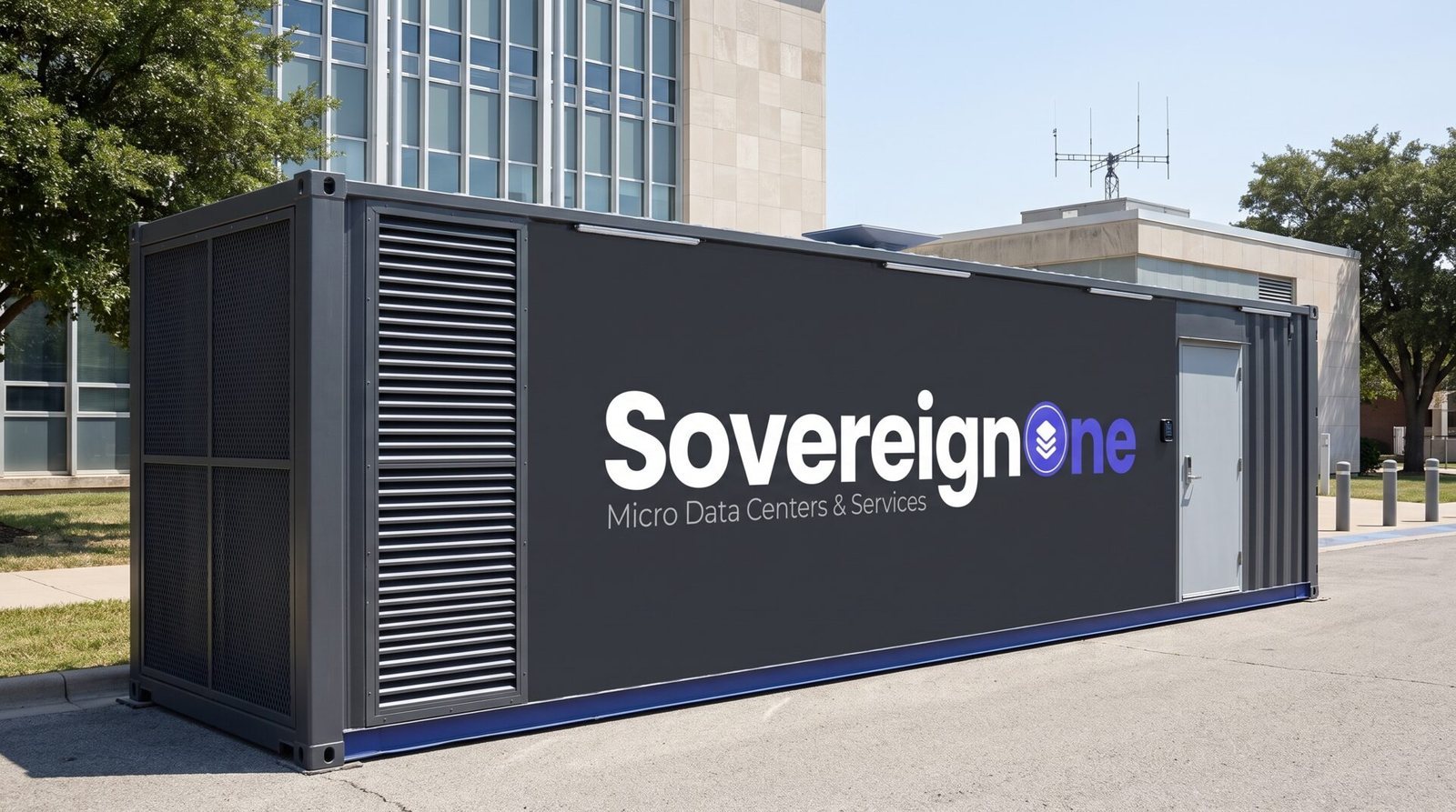 A SovereignOne modular data center outside a civic government building with rooftop antennas