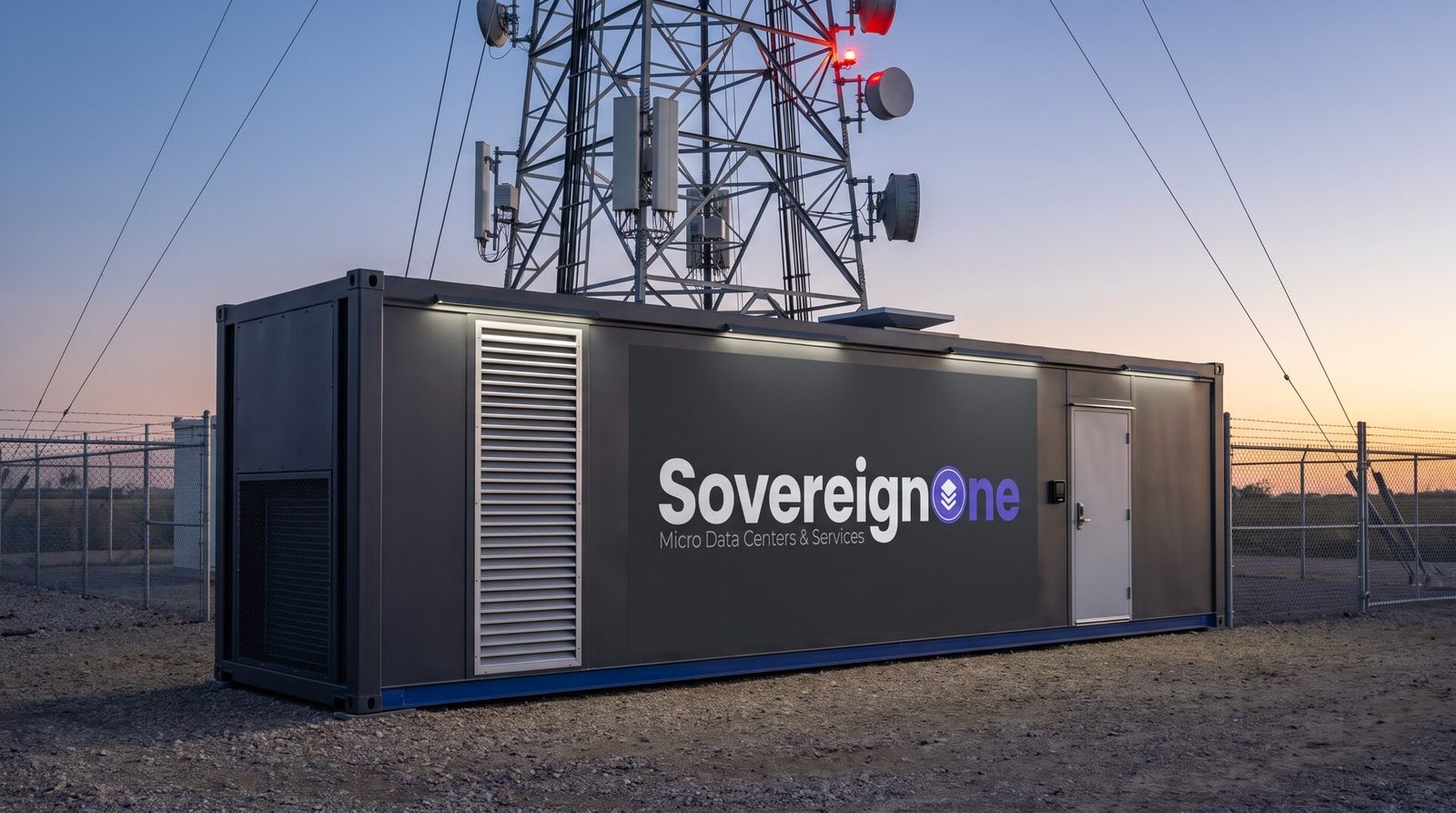 A SovereignOne modular data center in a fenced compound at the base of a cell tower