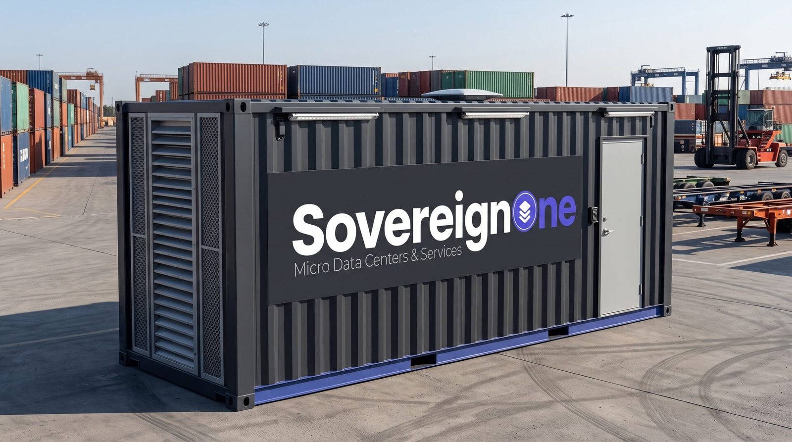 A SovereignOne modular data center in a container port terminal with stacked containers behind it